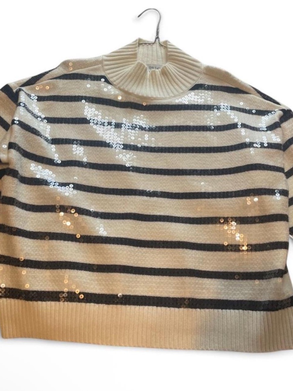 Cream and Black Striped Sequin Turtleneck Sweater